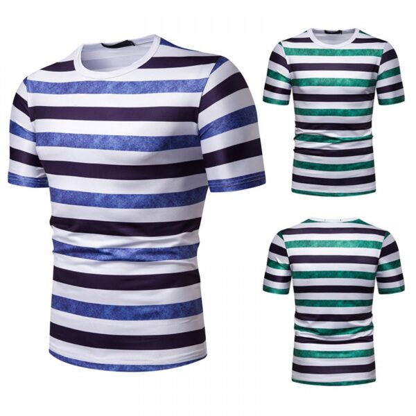 New Summer Men's Short-Sleeved T-Shirt Mens Contrast Striped Slim Casual T-Shirt - Image 2