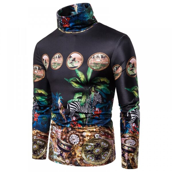New Men's Large Size 3D Retro Pattern Printing High Neck Long Sleeve T-Shirt Bottoming Shirt - Image 2