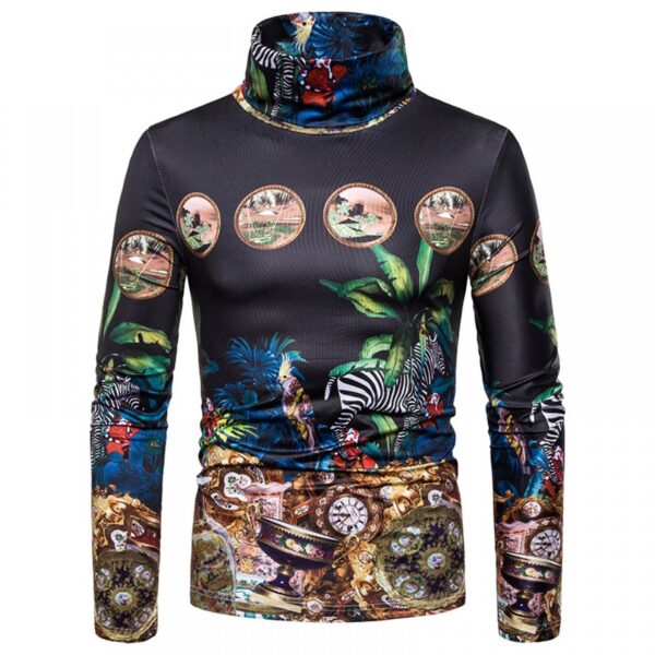 New Men's Large Size 3D Retro Pattern Printing High Neck Long Sleeve T-Shirt Bottoming Shirt - Image 4