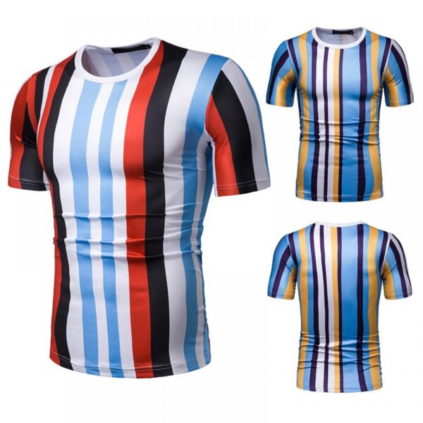 New Summer Men's Short-Sleeved T-Shirt Mens Contrast Striped Slim Casual T-Shirt - Image 2