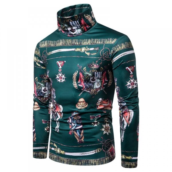 New Men's Large Size 3D Classical Green Pattern Printing High Neck Long Sleeve T-Shirt Bottoming Shirt - Image 2