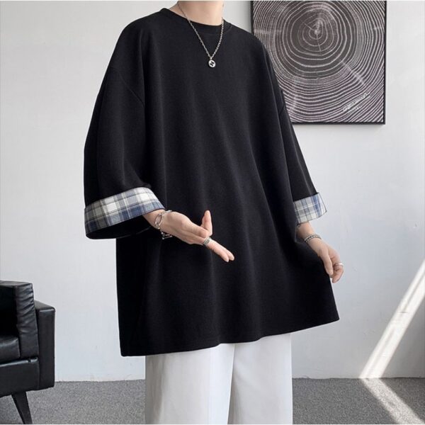 Men's Summer Plaid Patchwork Three-Quarter Sleeve T-Shirt - Image 2