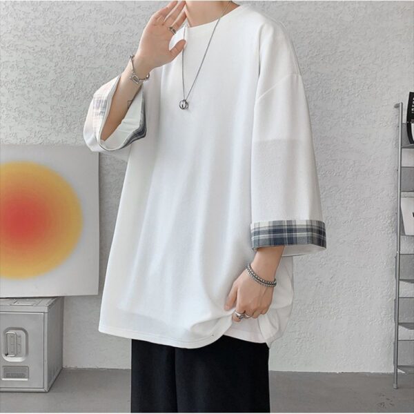 Men's Summer Plaid Patchwork Three-Quarter Sleeve T-Shirt - Image 3
