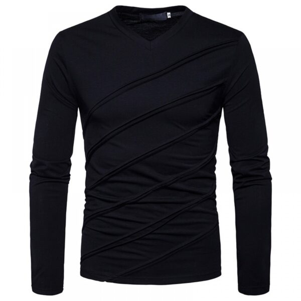 Fashion Fold Long Sleeve V-Neck Solid Color T-Shirt - Image 2