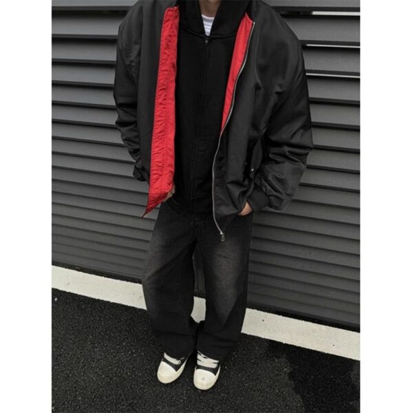 Retro Contrast Color Lining Flight Suit Jacket Thick Coat - Image 2