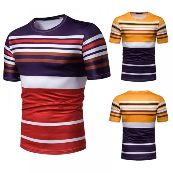 Men's Short-Sleeved T-Shirt Mens Contrast Striped Slim Casual T-Shirt - Image 2