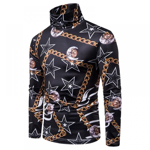 New Men's Large Size 3D Star Chain Print High Neck Long Sleeve T-Shirt Bottoming Shirt - Image 5