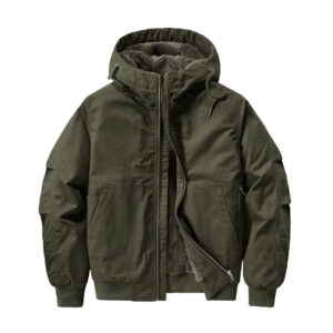 Men's Autumn/Winter Fleece-Lined, Extra-Thick Pure Cotton Zip-Front Cardigan-Style Hooded Work Jacket